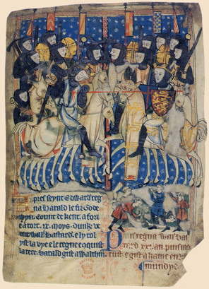 The Battle of Hastings, from a thirteenth century manuscript. The Norman army is on the right, and William can be seen slaying Harold.
